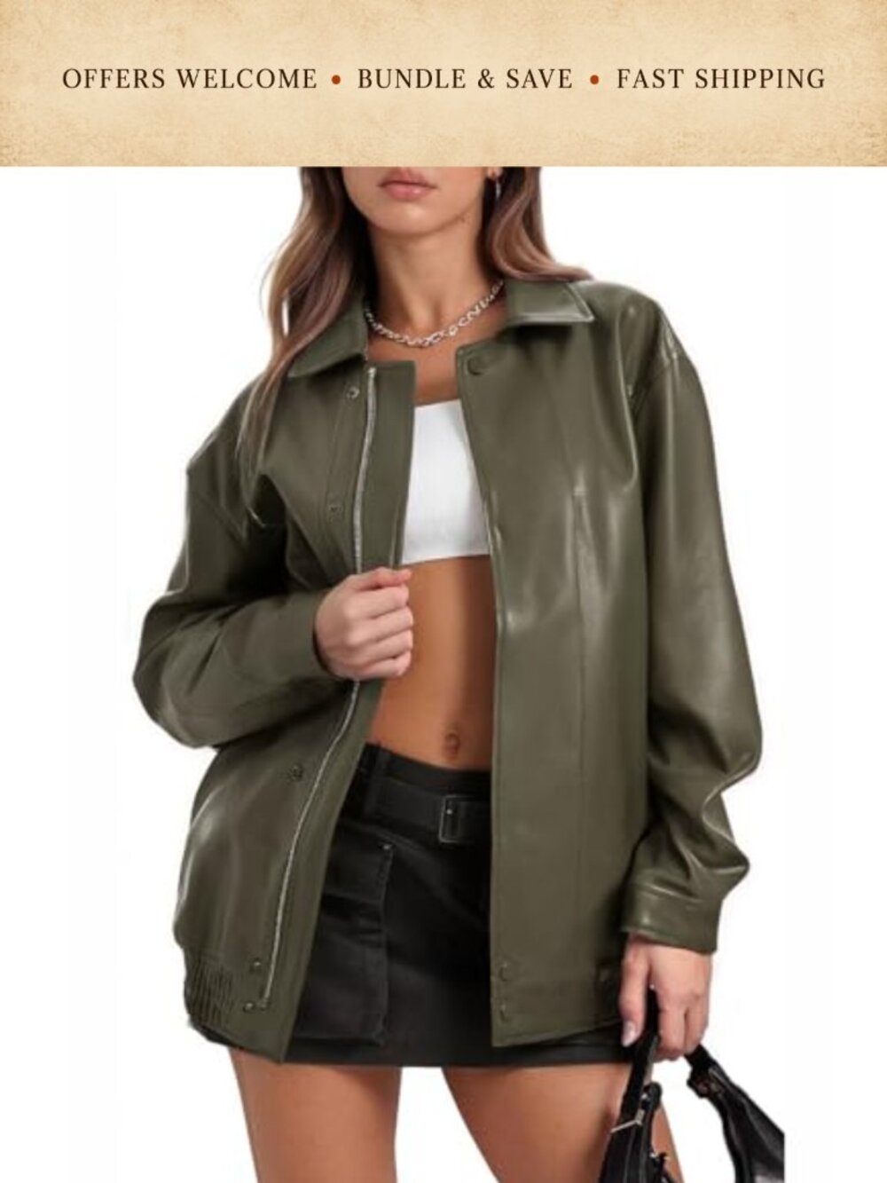 Faux Leather Oversized Moto Bomber Zip Up Jacket